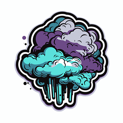 Sticker of an isolated comic thought cloud, vector, in the style of Shepard Fairey, color purple teal black white, no shadow, white background