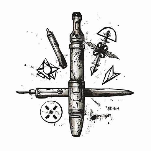 simple symbol design of sword, fountain pen, ink, and music, 1950's style, vector, fallout 4 clip art, white background