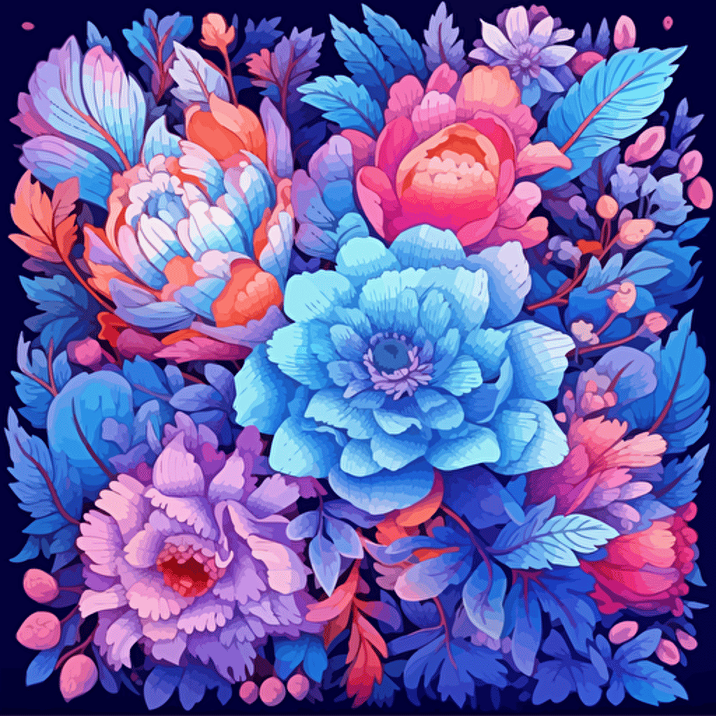 dozens of flowers, surrounded by floral motifs, 2d vector, blues and pinks, epic composition, vector design on the edges of the image