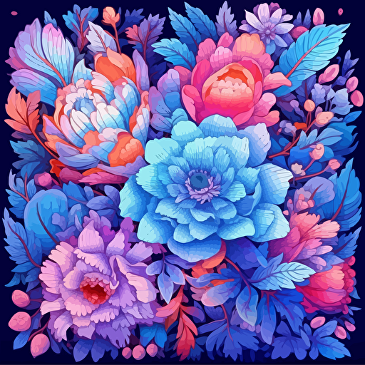dozens of flowers, surrounded by floral motifs, 2d vector, blues and pinks, epic composition, vector design on the edges of the image