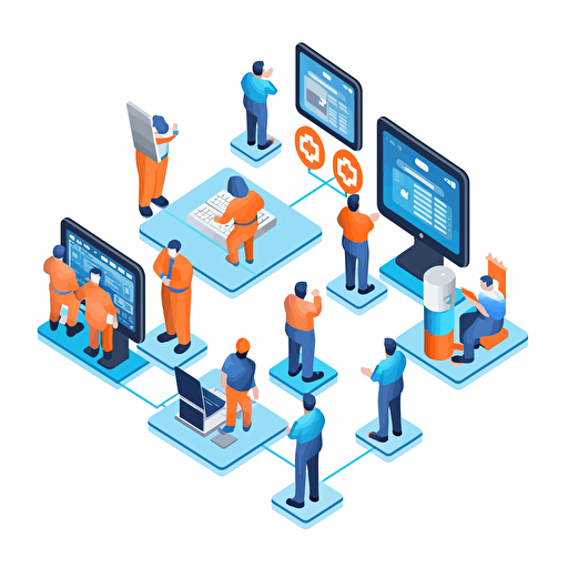 imagine flat vector icon, prisoners using tablet computers, blue and orange and white and darky gray, isometric