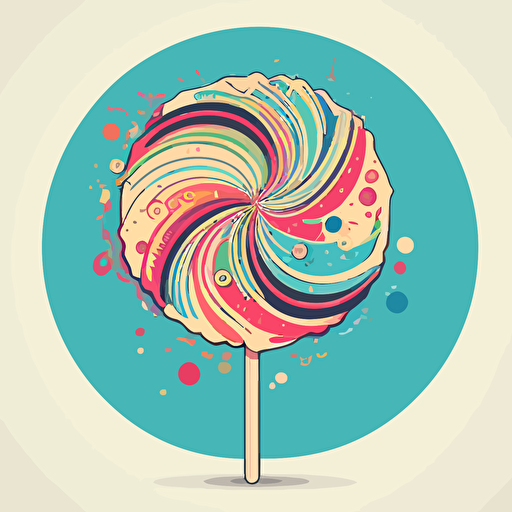 simple design vector drawing of a lollipop where the stick clicks indie the candy, show them sepereated and the pop above the stick. high detail pricture on the stick to see the clicking mechenism that coroloated with the cnady