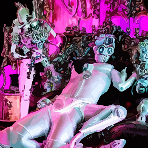 body rococo cyberpunk style neon statue young attractive marcelo mastro macho dotado e rico android sim roupa reclining con las piernas abertas e la piroca dura glowing white laser eyes prince crown pink gears diamonds swirling silver colored silk fabric futuristic elements length view space robots human skulls intricate artwork caravaggio trending artstation octane render cinematic lighting right hyper realism octane render 8k depth field 3d