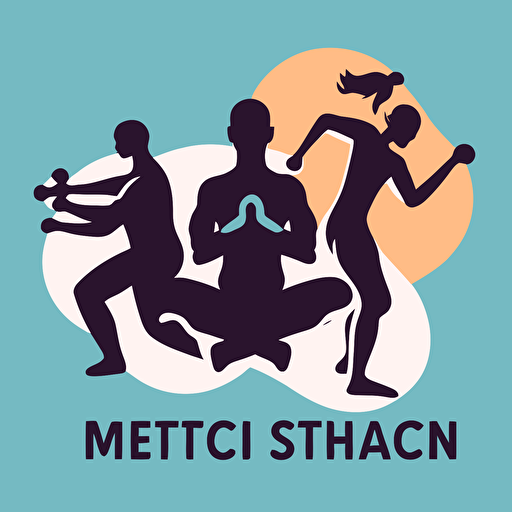 Vector image or logo, single color: In the center of the image, there is a person lifting weights. Next to them, there is a person running. On the other side, there is a person practicing yoga, and a fourth person meditating.