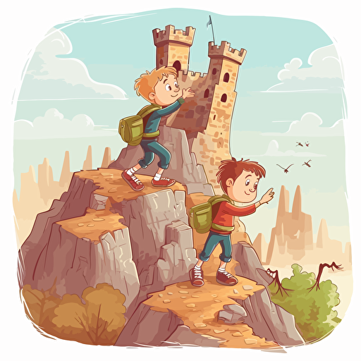 vector illustration for childrens book, two friends find old ruin of castle,