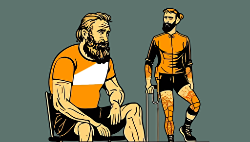 bearded handsome physical therapist working with cycling athlete, genndy tartakovsky artstyle, Hayao Miyazaki, 2d flat vector art,