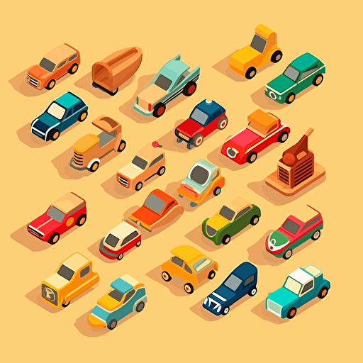 assorted group of wooden toy cars, korean style, isometric, pop art, flat art, vectorized