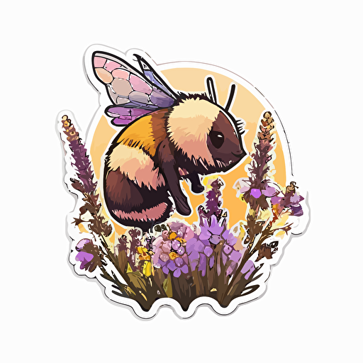 vector sticker design, transparent background, kawaii style yellow and brown honey bee collecting nectar from a field of purple wildflowers