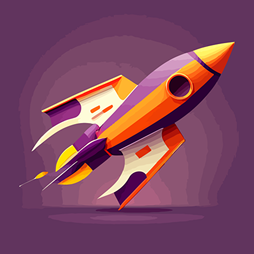 simple, iconic, flat, vector logo, long slender rocket with fins, purple and orange color