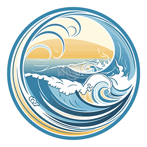 stylized beach scene inside a token circle, vector style logo, blue sea colour background, swirls wrapped around the beach, HD