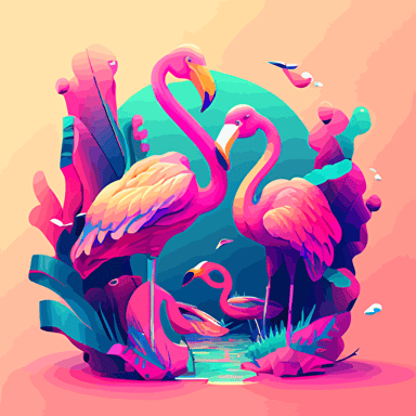 a toucan and flamingo talking to each other::vector illustration::colorful, vaporwave colors, no background color