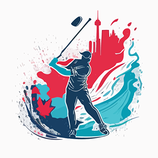 a flat vector logo of of a golfer swinging, in the background you can see the CN Tower and a waterfall, blue and red colors, no text