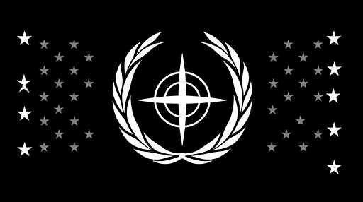 Futuristic NATO government flag simple design, black and white, with some elements from United Nations, stars and planets, vector art, epic, minimalistic