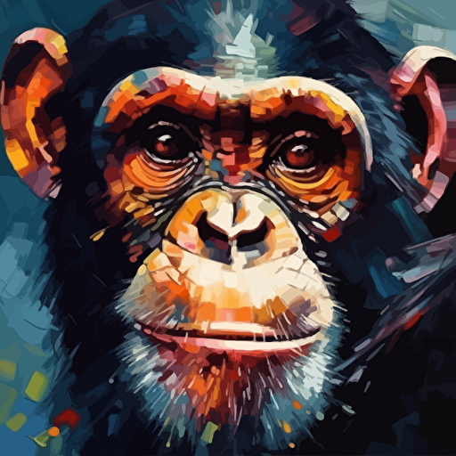 Stunning palette knife oil painting, A minimalist vector painting of an ape face front, one hand on the chin::2, wireless headphones on the head, Vivid colorful mosaic double exposure