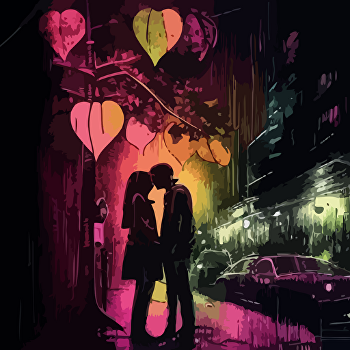 Sway with me, couple, love, one juicy exotic fruit, urban night scenery, distorted, dimmed lights, depth of field, rough, textured, grainy surface, dusty, vector, desaturated colour drips, graffiti, artificial, highres
