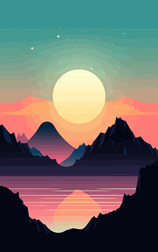 Vector design Minimal Hiroshi Nagai Inspired Clean and minimalistic styleScene depicting a [alien moutain with jupiter and ocean and clear sky][PASTEL and warm color scheme]