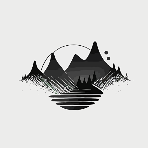 vector 2d logo for music company, sound wave in the middle of a mountain, minimal style, black and white,