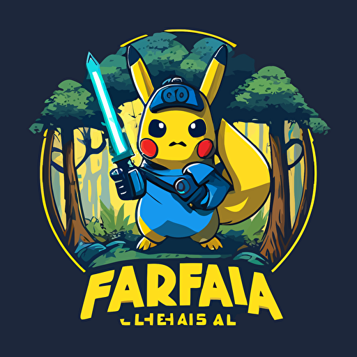 a logo design with pikachu with a blue lightsaber in a forest on a alien planet, vector art, simple, bright colors