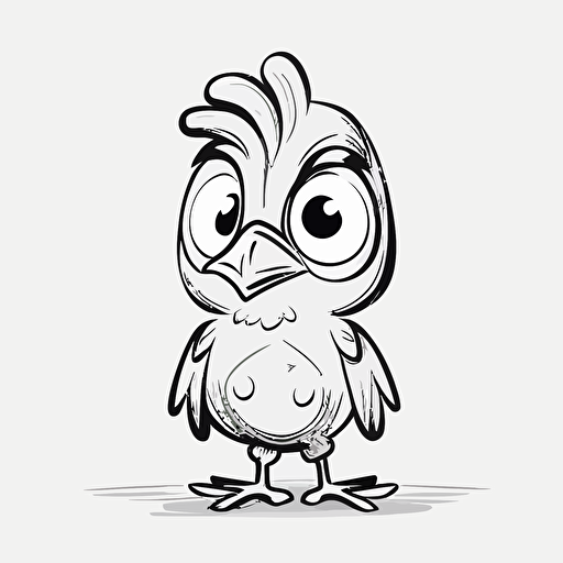 cute rooster in farm, big cute eyes, pixar style, simple outline and shapes, coloring page black and white comic book flat vector, white background
