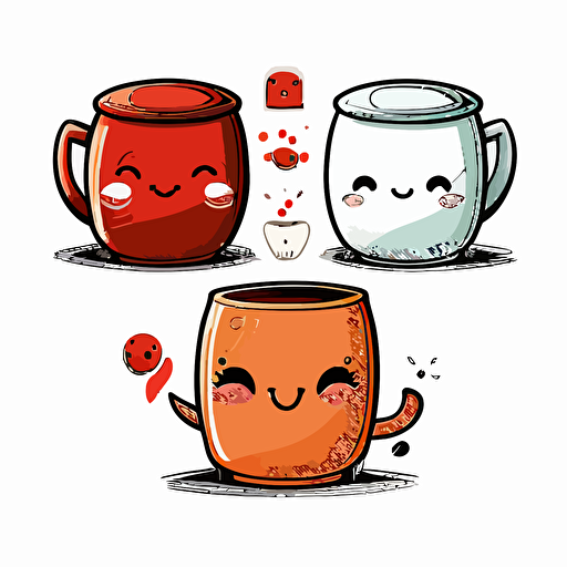 3 cute japanese tea smilling red and white. Vector style. 2D. Drawing.