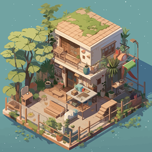 isometric, ghibli, makoto shinkai, cute, vector style, simple detail, isometric diorama, cute and warm atmosphere, plants and plantation, relaxed and peaceful, lonely — no car — no person