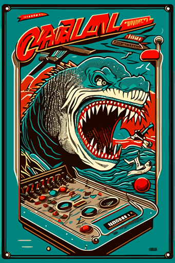 1980 pinball playfield art, gorilla fighting a shark, vector style