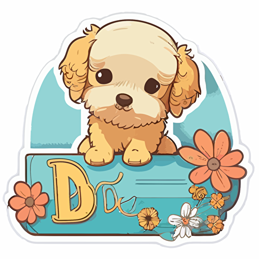 sticker flat vector art,2D kawaii, baby dog sitting on the letter D,cute,colorful disney-inspired