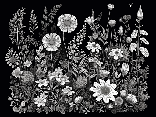 blooming wildflowers vector, white on black background,