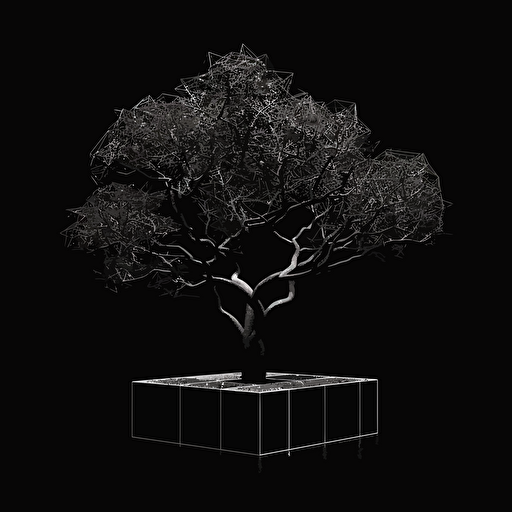 Black background much contrasted by a white vectorise and minimal style cube tree