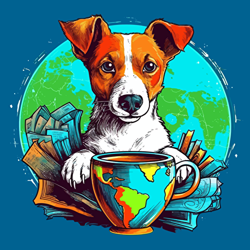 fantasy worl in wich small jack russel drink coffe and find solution to world peace, colorfull sketch, vector illustration