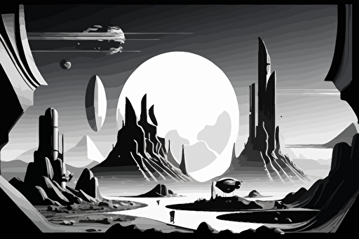 black and white vector type image of a scifi futuristic landscape v 5