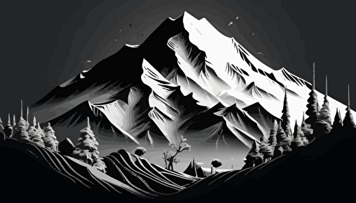 a vector 2D snow covered mountain in black and white only