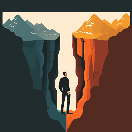 2D vector illustration, one businessman is holding the gap between two mountain cliffs. Simple colors, bright, size is 1600x1200px