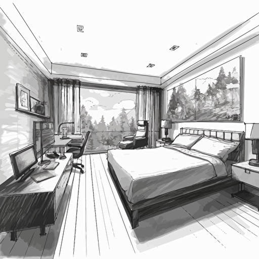 modern bedroom vector line drawing ar 16:9