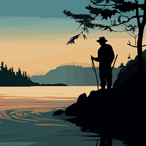 fishing man silhouette, beach background vector illustration, in the style of raphael lacoste, restrained impressionism, uhd image, r. kenton nelson, pensive stillness, high resolution, john mckinstry