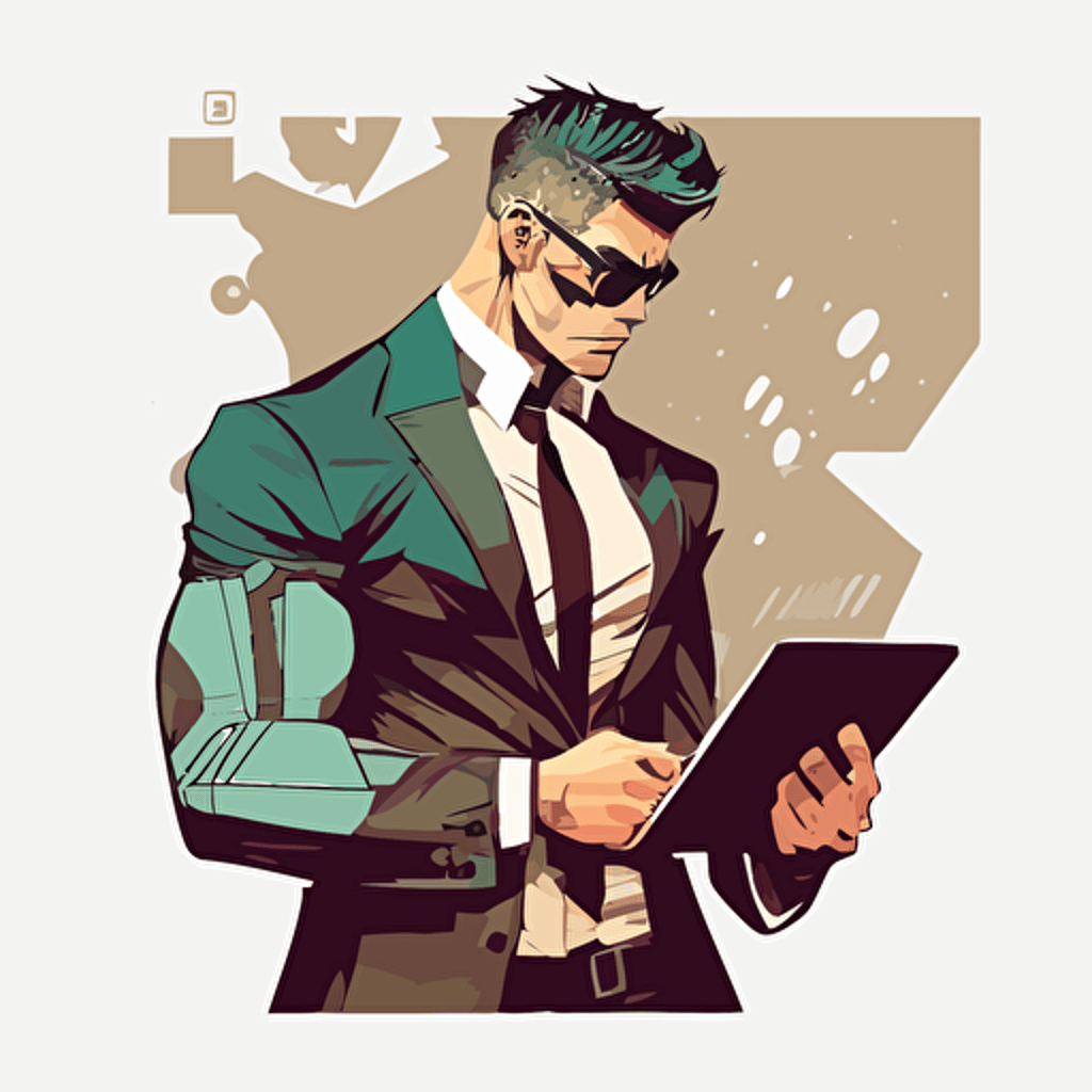 2d vector art, marvel style, man using a suit holding a tablet and looking at it