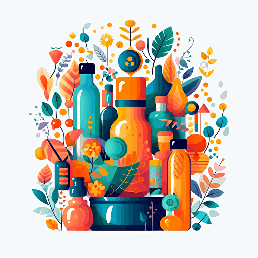 A flat vector illustration whimsical, abstract, imaginative, creative, pharmaceutical, nature, colors yellow orange, blue and green, black and white, on white,