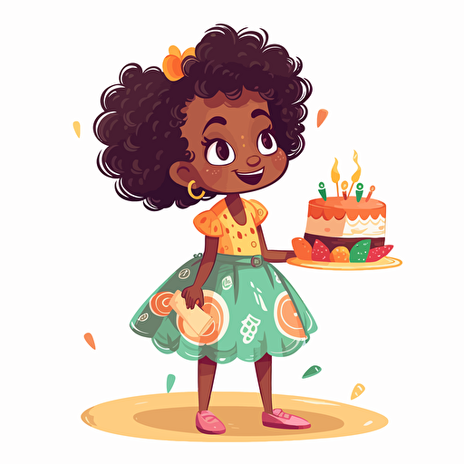 vector illustration of a Adorable african girl, natural hair, playing in a simple dress, silly, playful, holding a birthday cake, colorful