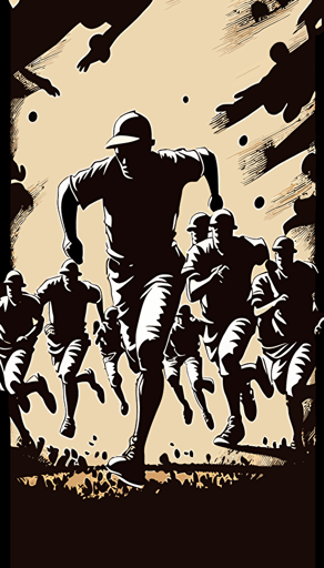 monochromatic baseball players running on field, simplistic vector digital art