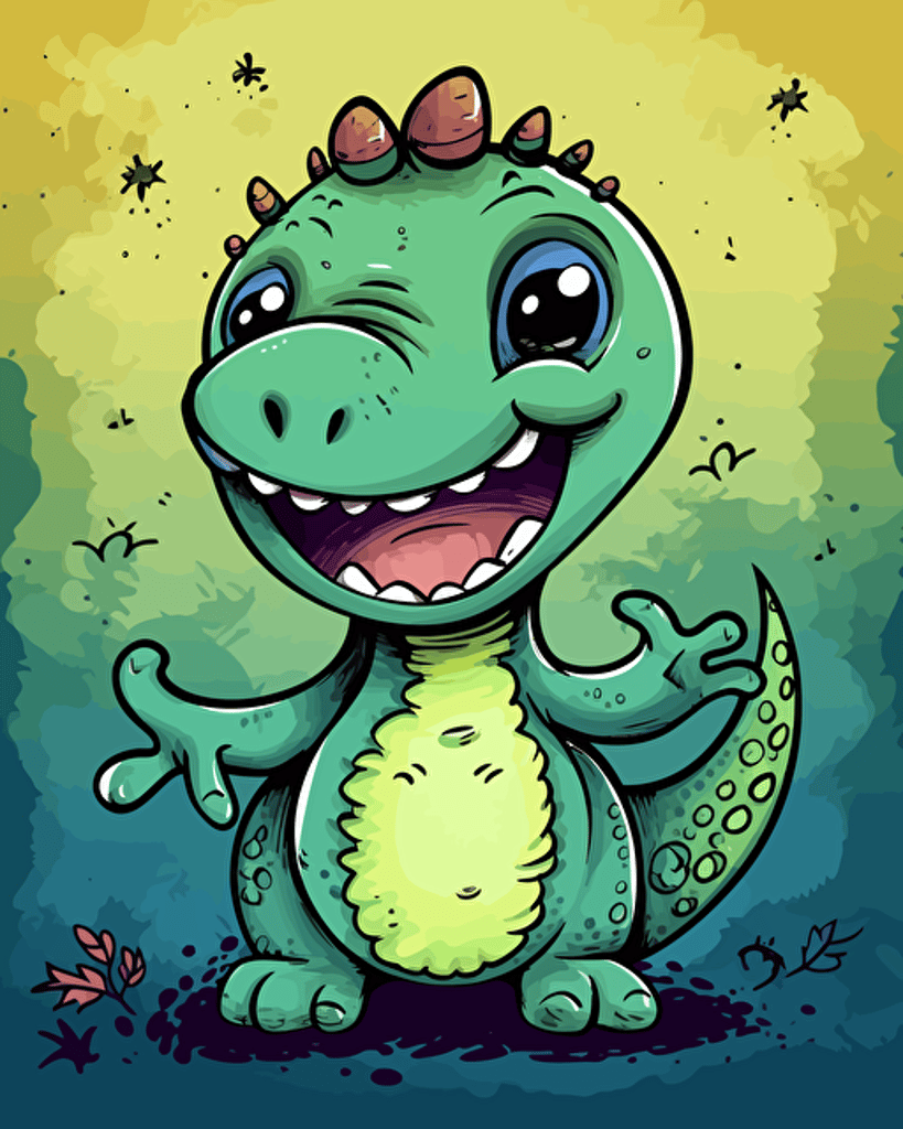 very cute little dinosaur, smiling and waving, handmade children simple doodle, minimalistic, illustration for babies, delicate, vibrant colors, vivid palette, vector art, defined thick black edges, detailed background, very simple doodle, symmetric