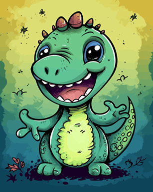 very cute little dinosaur, smiling and waving, handmade children simple doodle, minimalistic, illustration for babies, delicate, vibrant colors, vivid palette, vector art, defined thick black edges, detailed background, very simple doodle, symmetric