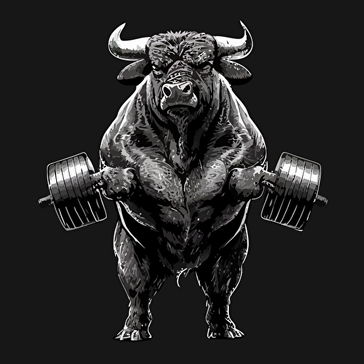 bull holding powerlifter weights in his mouth, vector style, black and white, black background