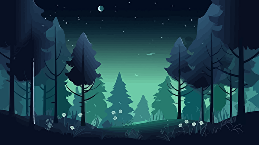 Fantasy flat cover 2D art of a blueish and greenish forest with a few fuzzy fireflies, simple flat natural elements and few animals. moon in the distance, dark pinetrees, flat color, grainy gradient shadows, vector style.