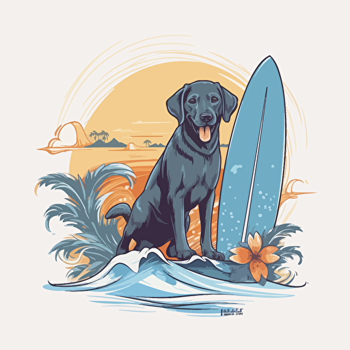 cute labrador surfing design, tropical, 2d, vector, white background