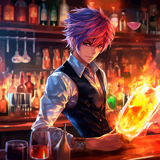 an anime extremely detail bartender guy with an amazing uniform very fashionable doing some drinks with fire, vibrant colors, hyper resolution vector fantasy ar v5 3:6