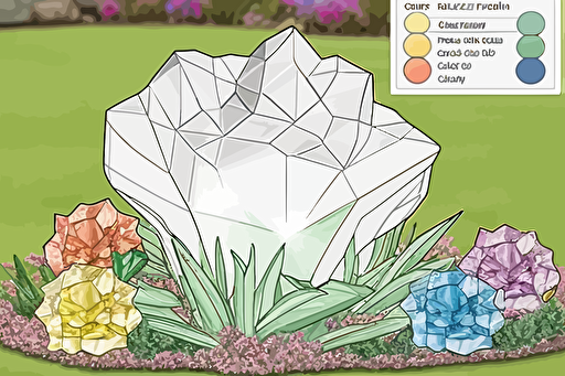 pdf vector drawing, crystal flower lawn, pale sublte colors, thick crisp black outline