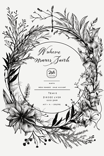 wedding invitation, symmetric botanical drawing around the text, modern abstract ink, minimalist, vector, black and white, white background