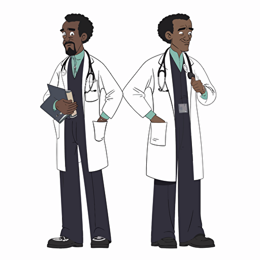 black doctors wearing lab coats [walt disney + pixar,+studio ghibli fusion] vector art, flat color, 2d on white background