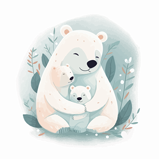 cute, white back ground, vector, children storybook illustration, mama bear hugging her cub