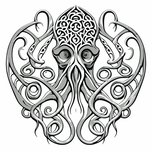 anthromorphic lovecraftian horror, lineart, 2d, vector, celtic knotwork, white background